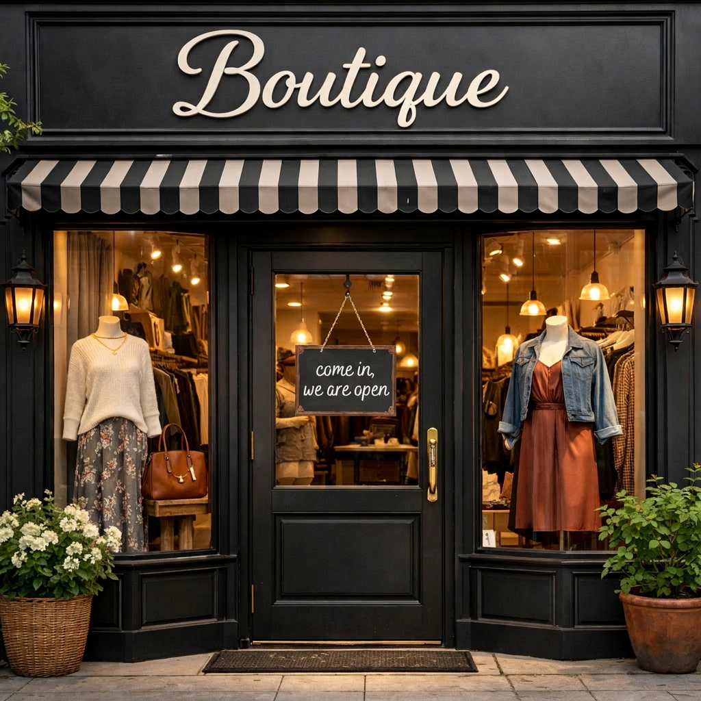 Boutique store entrance with mannequins dressed in fashionable clothes and an open sign